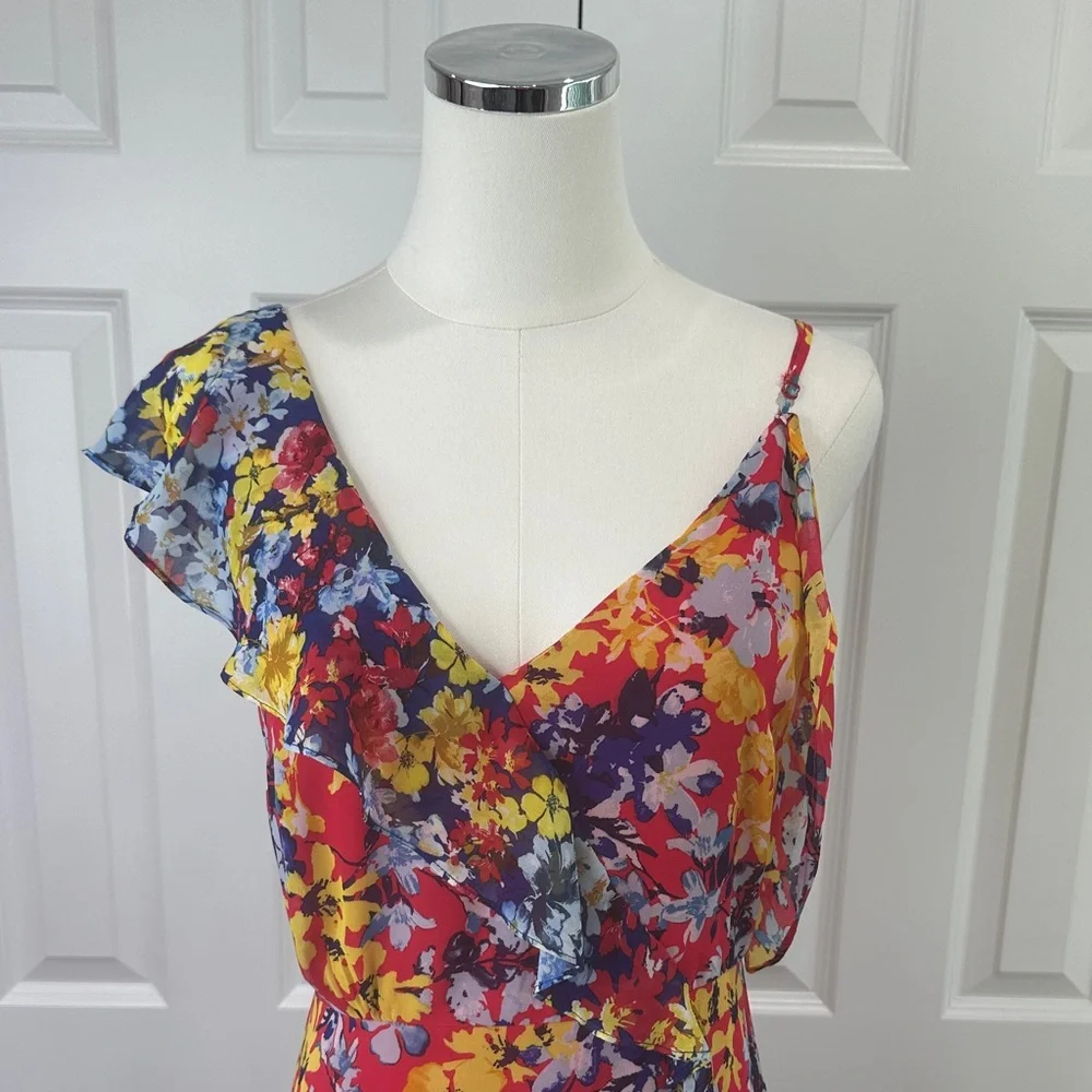 Lulus Ruby Red One Shoulder Boho Wedding Guest Floral Vacation Maxi Dress Size M - Picture 4 of 17